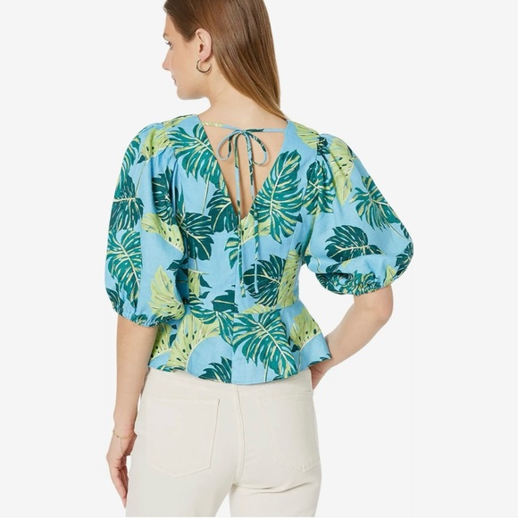 Draper James Puff Sleeve Linen Top Size 14 XL Preppy Tropical Print Fully Lined - Picture 2 of 11